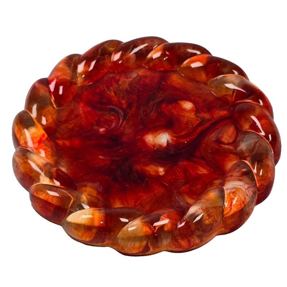 Handmade Resin Round Tray 5.25" Braided Rim Fiery Red–Orange Marble Swirl Decor - Picture 2 of 3